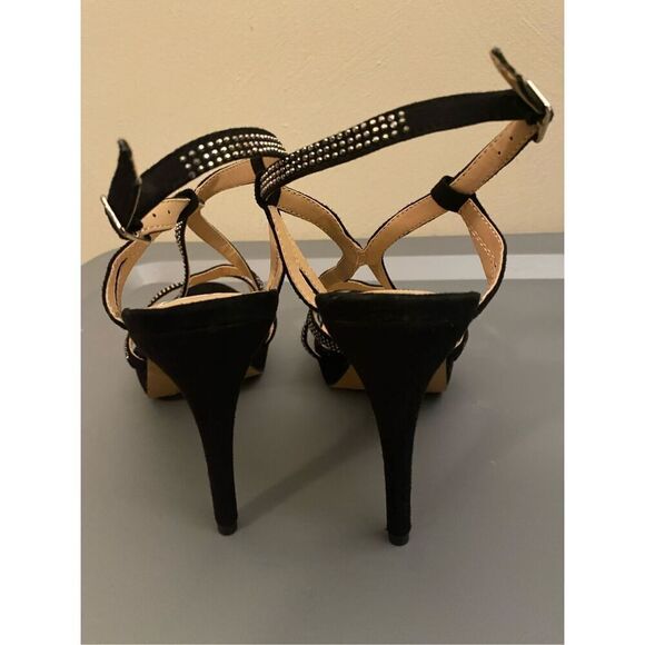 Metaphor Black Strappy Shoes 38671 Paris Studded Bling NWOB Heels Faux Suede - Picture 5 of 8